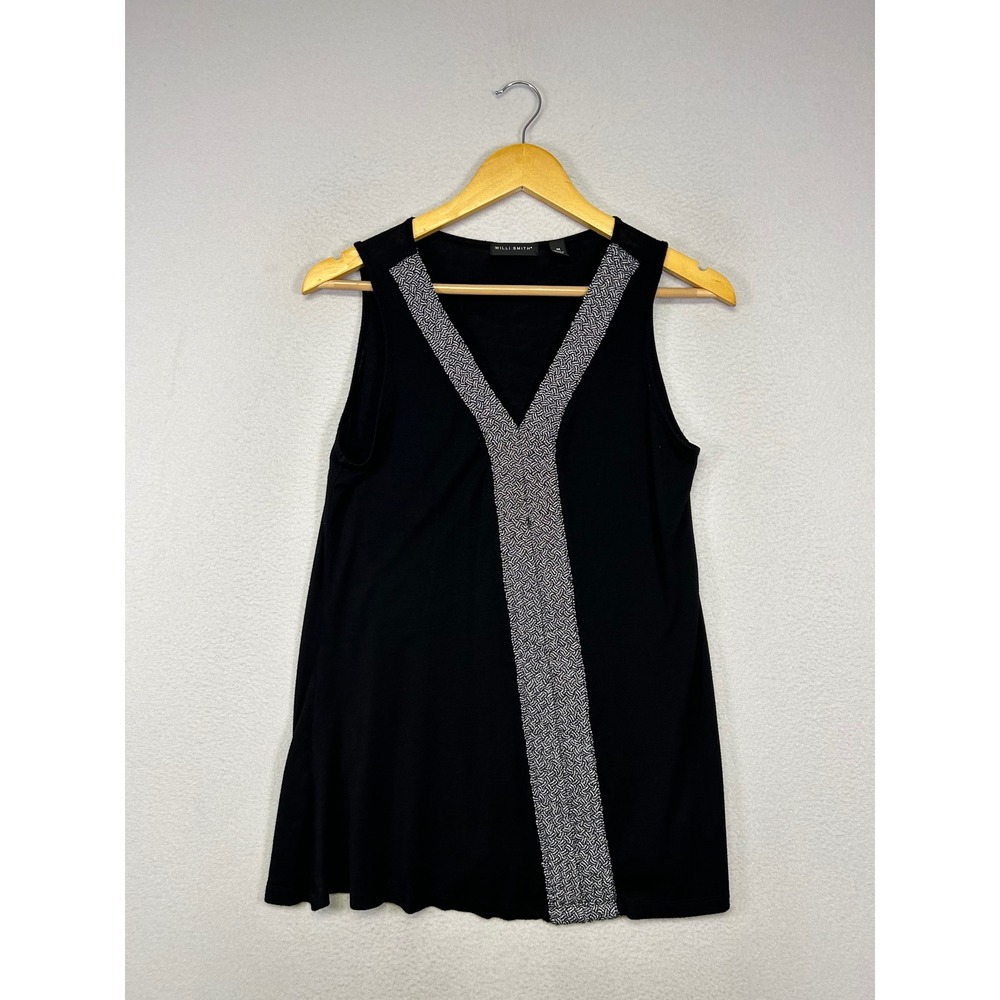 Contemporary Willi Smith Women Medium Black Tank Top Geometric Trim Office Chic